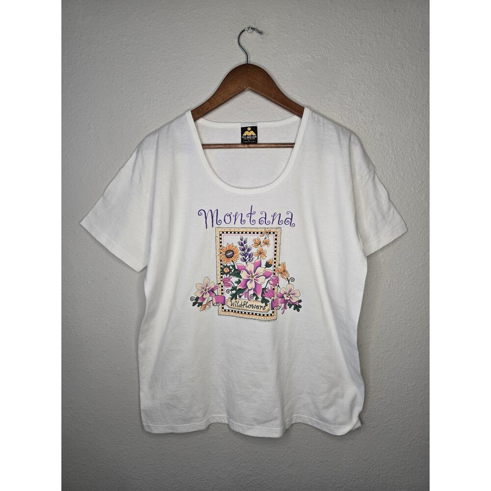 Vintage Montana Shirt Womens Large Floral Wildflower Garden Boat Neck White Tee